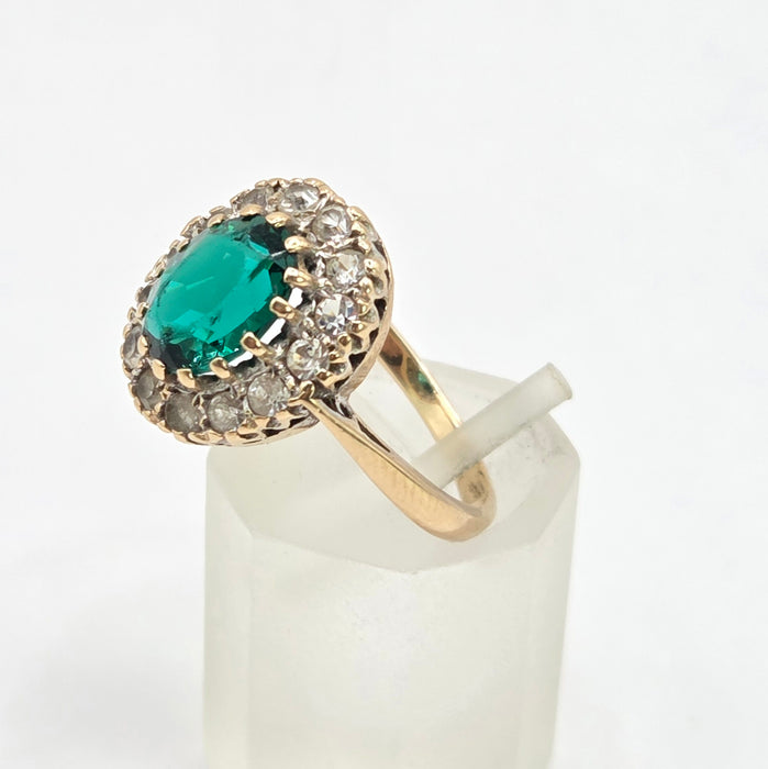 Vintage: 9ct Yellow Gold Emerald & Diamond Oval Cluster Ring — From 1967
