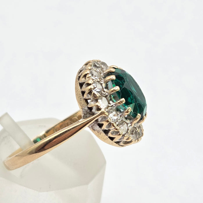 Vintage: 9ct Yellow Gold Emerald & Diamond Oval Cluster Ring — From 1967