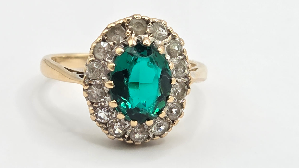 Vintage: 9ct Yellow Gold Emerald & Diamond Oval Cluster Ring — From 1967