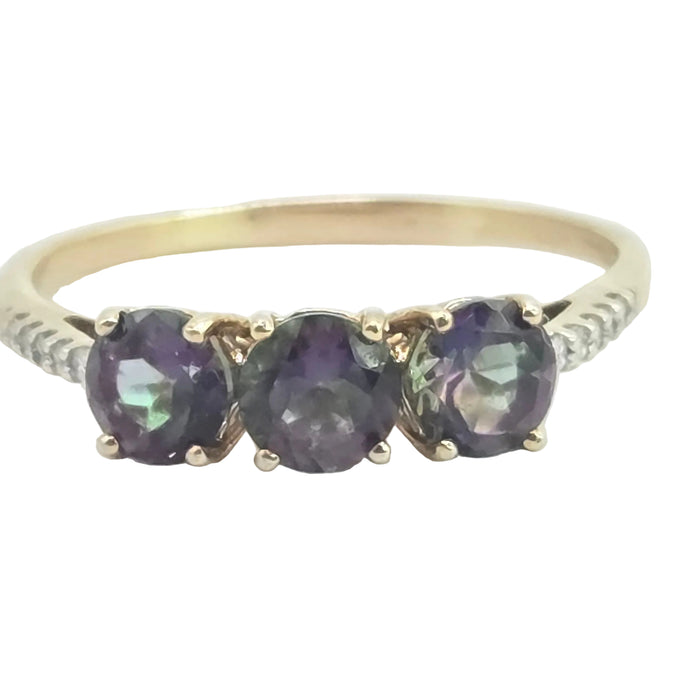 Vintage: 9ct Yellow Gold Mystic Topaz Trilogy & Diamond Ring