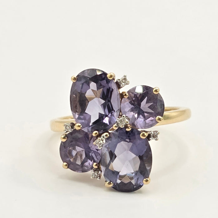 Vintage: 9ct Yellow Gold Amethyst & Diamond Dress Ring