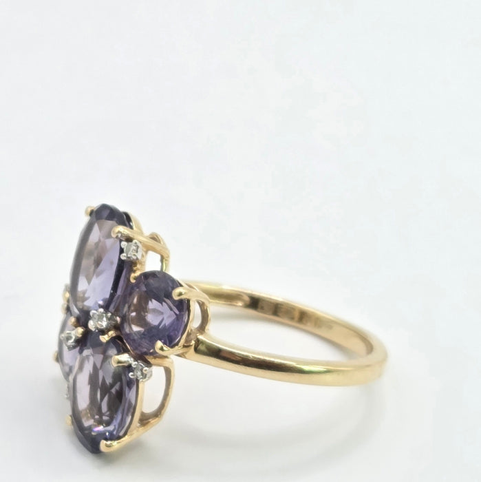 Vintage: 9ct Yellow Gold Amethyst & Diamond Dress Ring