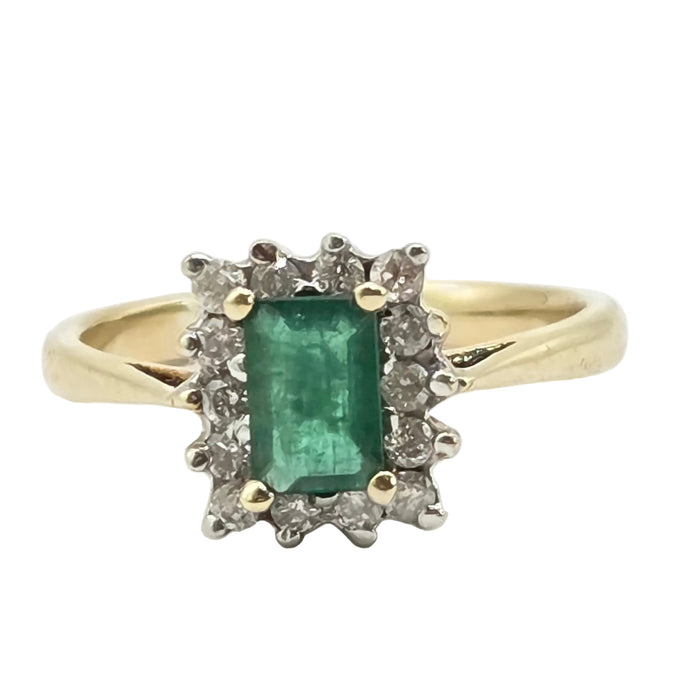 Vintage: 9ct Yellow Gold Emerald & Diamond Cluster Ring — 0.25ct