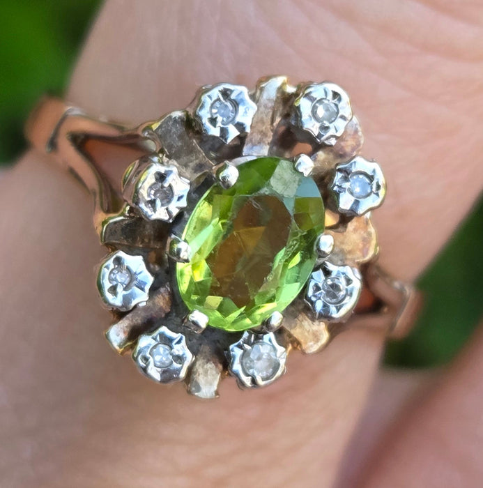 Vintage: 9ct Gold Peridot & Diamond Flowerhead Ring — From 1976