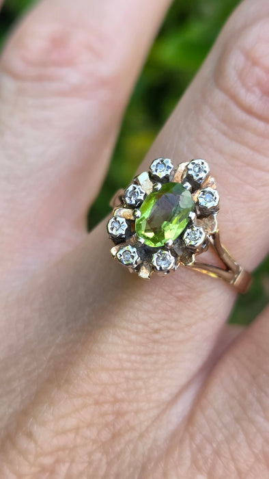 Vintage: 9ct Gold Peridot & Diamond Flowerhead Ring — From 1976