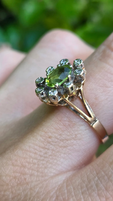 Vintage: 9ct Gold Peridot & Diamond Flowerhead Ring — From 1976