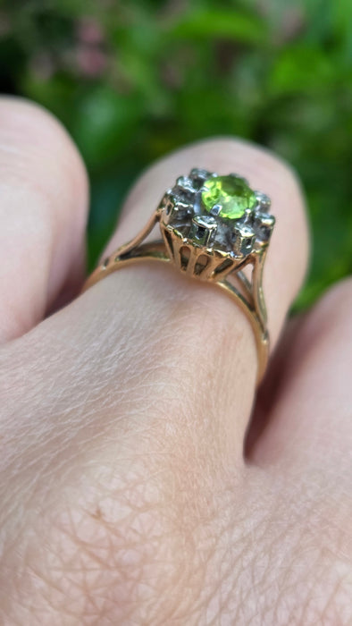 Vintage: 9ct Gold Peridot & Diamond Flowerhead Ring — From 1976