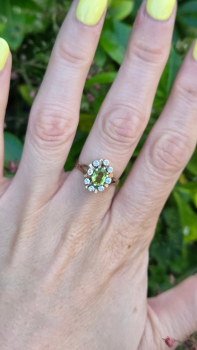 Vintage: 9ct Gold Peridot & Diamond Flowerhead Ring — From 1976