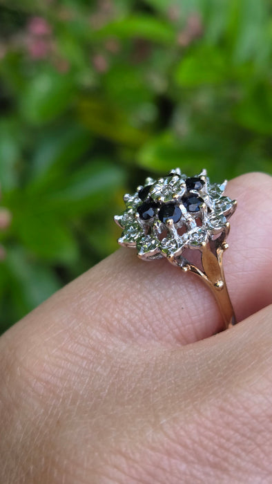 Vintage: 9ct Gold Blue Sapphire & Diamond Starburst Cluster Ring