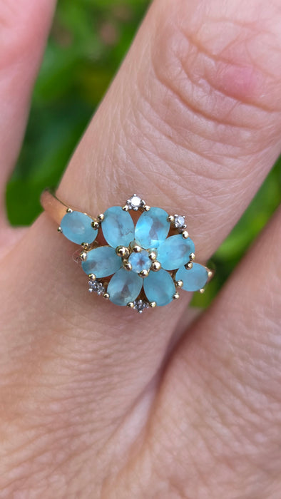Vintage: 9ct Yellow Gold Aquamarine & Diamond Floral Cluster Ring