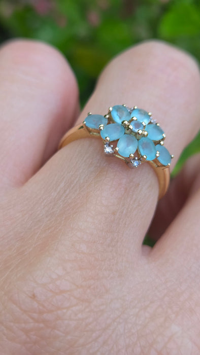 Vintage: 9ct Yellow Gold Aquamarine & Diamond Floral Cluster Ring