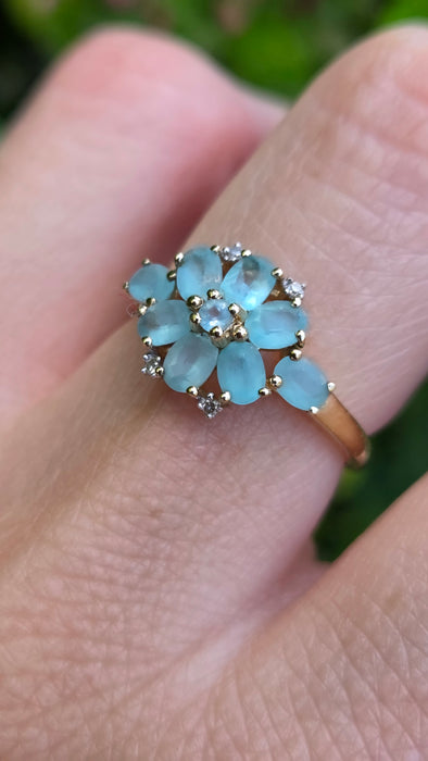 Vintage: 9ct Yellow Gold Aquamarine & Diamond Floral Cluster Ring