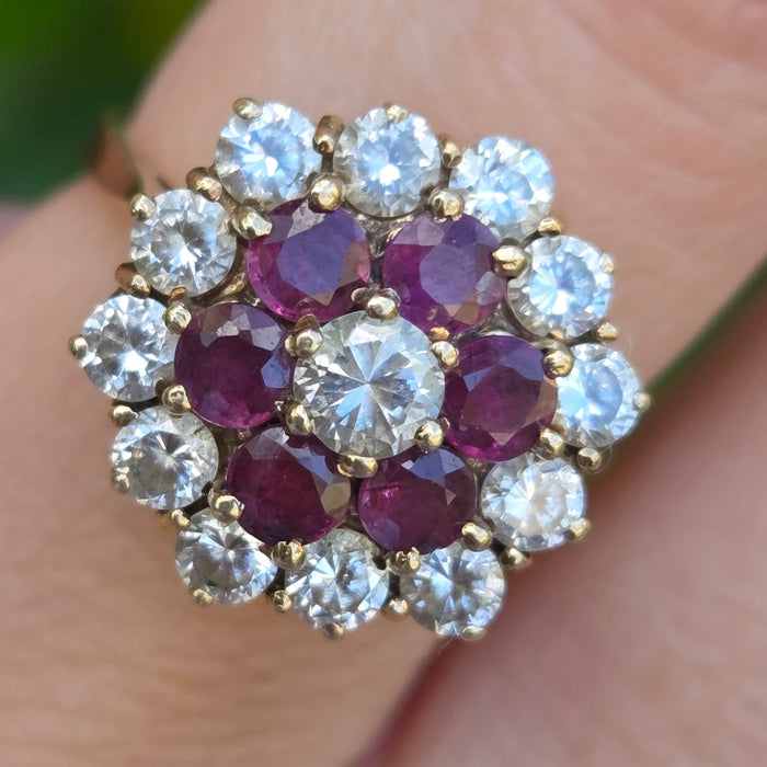 Vintage: 9ct Yellow Gold Garnet & Goshenite Round Cluster Cocktail Ring — From 1985