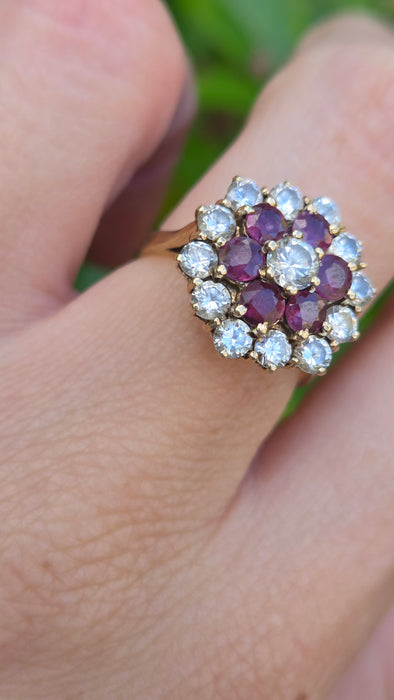 Vintage: 9ct Yellow Gold Garnet & Goshenite Round Cluster Cocktail Ring — From 1985