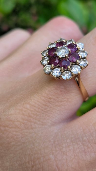 Vintage: 9ct Yellow Gold Garnet & Goshenite Round Cluster Cocktail Ring — From 1985