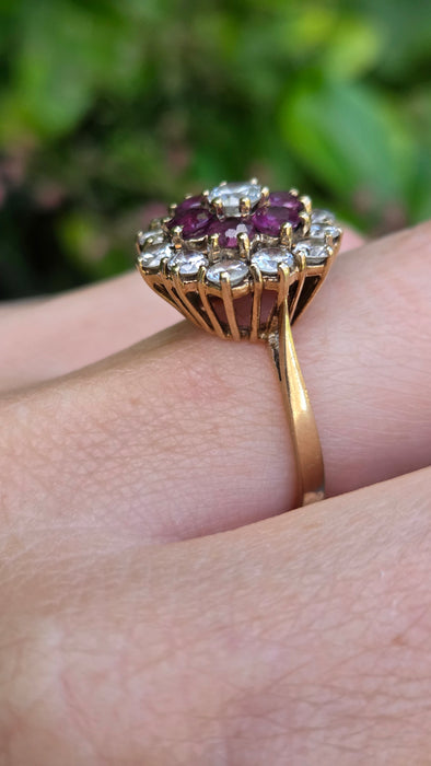 Vintage: 9ct Yellow Gold Garnet & Goshenite Round Cluster Cocktail Ring — From 1985