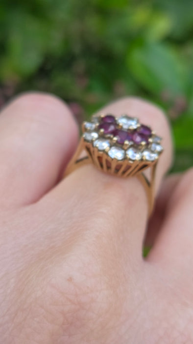 Vintage: 9ct Yellow Gold Garnet & Goshenite Round Cluster Cocktail Ring — From 1985