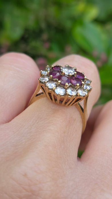 Vintage: 9ct Yellow Gold Garnet & Goshenite Round Cluster Cocktail Ring — From 1985
