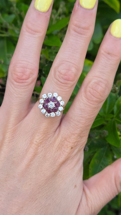 Vintage: 9ct Yellow Gold Garnet & Goshenite Round Cluster Cocktail Ring — From 1985