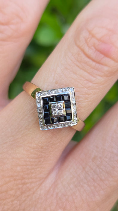 Vintage: 9ct Yellow Gold Art Deco Sapphire & Diamond Geometric Panel Ring