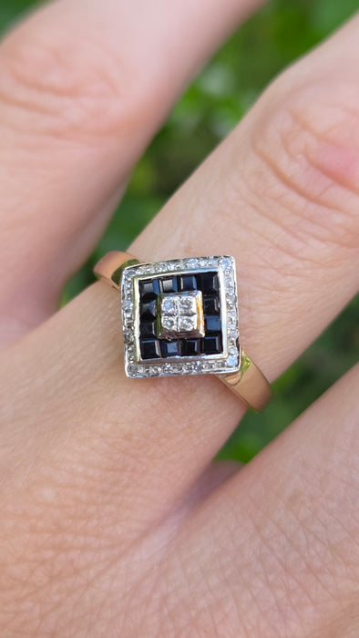 Vintage: 9ct Yellow Gold Art Deco Sapphire & Diamond Geometric Panel Ring