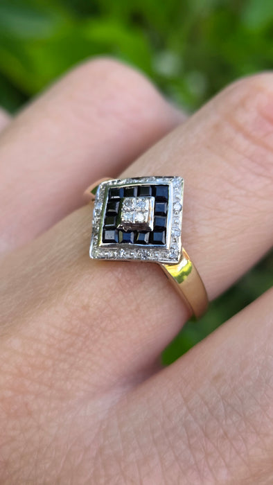 Vintage: 9ct Yellow Gold Art Deco Sapphire & Diamond Geometric Panel Ring