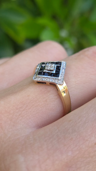 Vintage: 9ct Yellow Gold Art Deco Sapphire & Diamond Geometric Panel Ring
