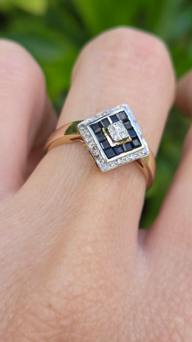 Vintage: 9ct Yellow Gold Art Deco Sapphire & Diamond Geometric Panel Ring