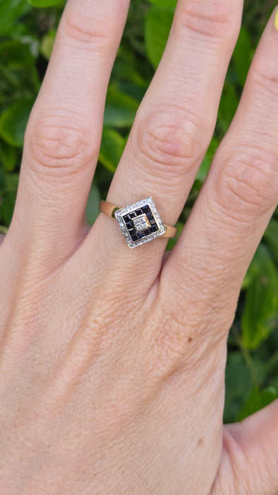 Vintage: 9ct Yellow Gold Art Deco Sapphire & Diamond Geometric Panel Ring