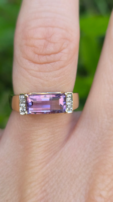 Vintage: 9ct Yellow Gold Rectangular Amethyst & Diamond Dress Ring