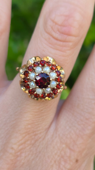 Vintage: 9ct Yellow Gold Garnet & Seed Pearl Flower Head Cluster Ring — From 1973