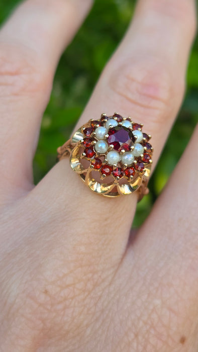 Vintage: 9ct Yellow Gold Garnet & Seed Pearl Flower Head Cluster Ring — From 1973
