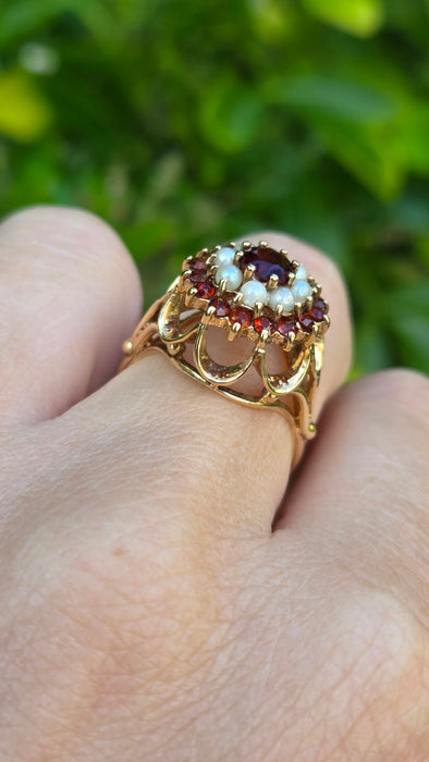 Vintage: 9ct Yellow Gold Garnet & Seed Pearl Flower Head Cluster Ring — From 1973
