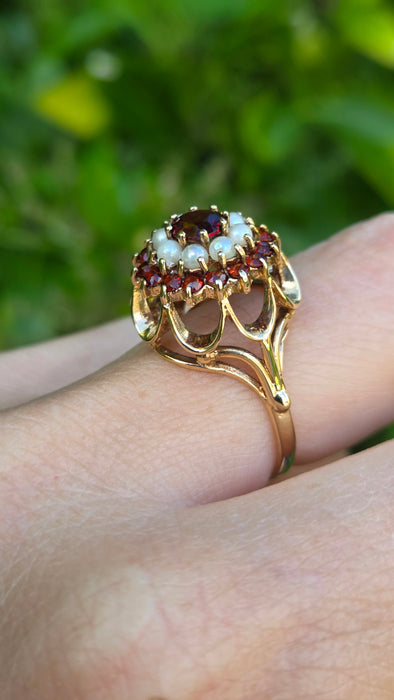 Vintage: 9ct Yellow Gold Garnet & Seed Pearl Flower Head Cluster Ring — From 1973