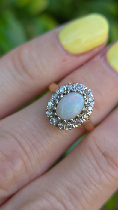 Vintage: 9ct Yellow Gold Opal & Diamond Oval Cluster Ring — From 1986