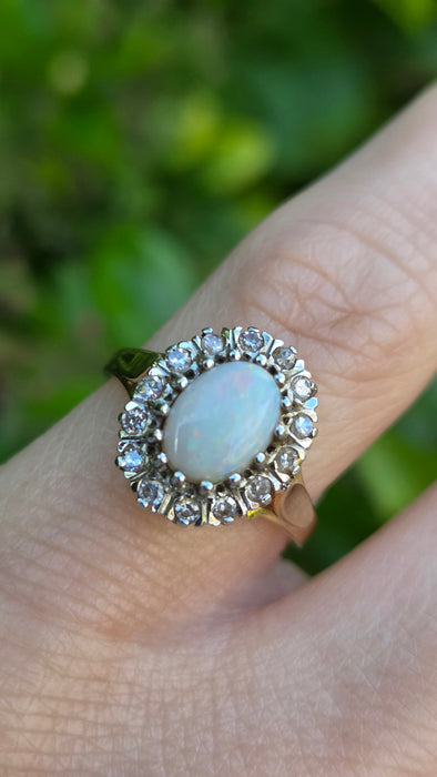 Vintage: 9ct Yellow Gold Opal & Diamond Oval Cluster Ring — From 1986