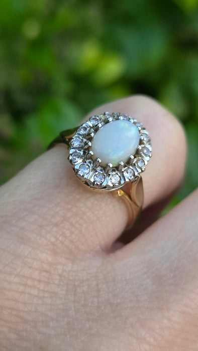 Vintage: 9ct Yellow Gold Opal & Diamond Oval Cluster Ring — From 1986