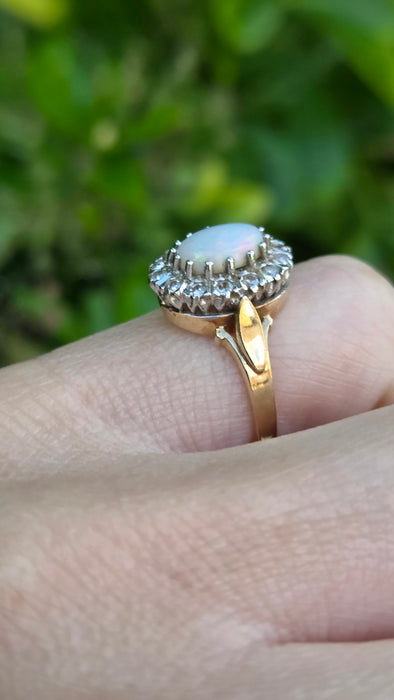 Vintage: 9ct Yellow Gold Opal & Diamond Oval Cluster Ring — From 1986