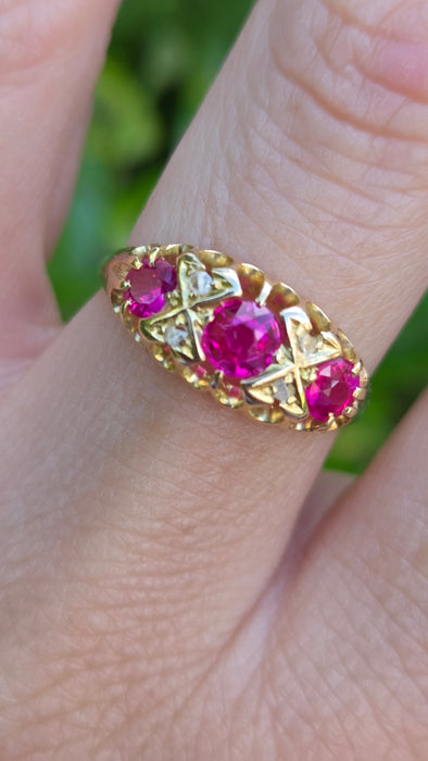 Antique: 18ct Yellow Gold Ruby & Diamond Boat-Head Ring — From 1912