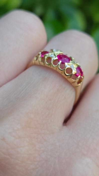 Antique: 18ct Yellow Gold Ruby & Diamond Boat-Head Ring — From 1912