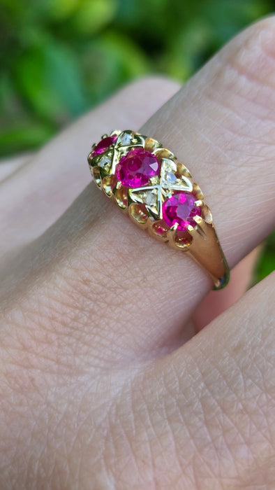Antique: 18ct Yellow Gold Ruby & Diamond Boat-Head Ring — From 1912