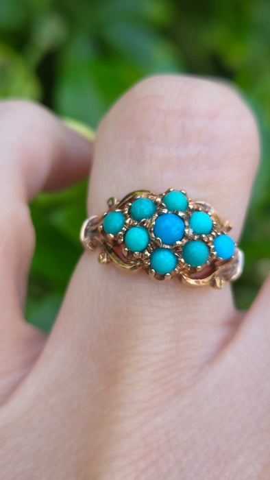 Vintage: 9ct Yellow Gold Turquoise Cluster Ring — From 1975