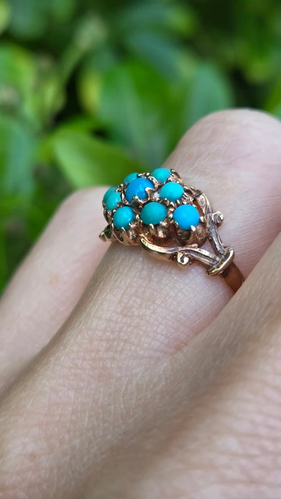 Vintage: 9ct Yellow Gold Turquoise Cluster Ring — From 1975
