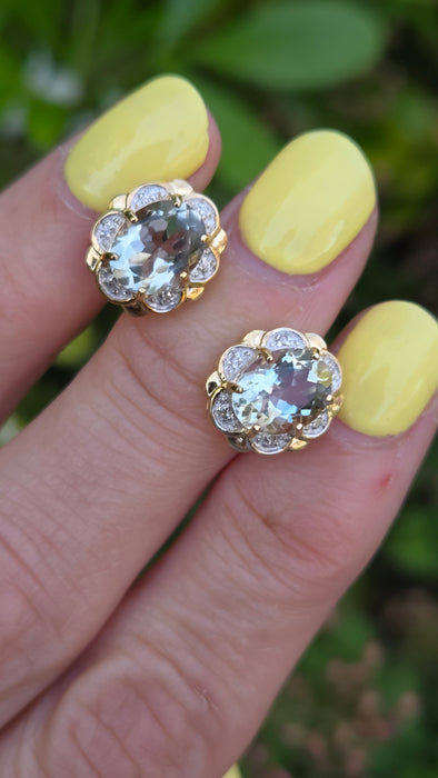 Vintage: 9ct Gold Prasiolite (Green Amethyst) & Diamond Stud Earrings