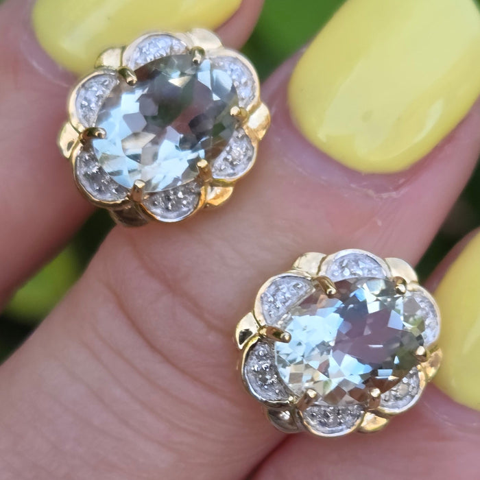 Vintage: 9ct Gold Prasiolite (Green Amethyst) & Diamond Stud Earrings
