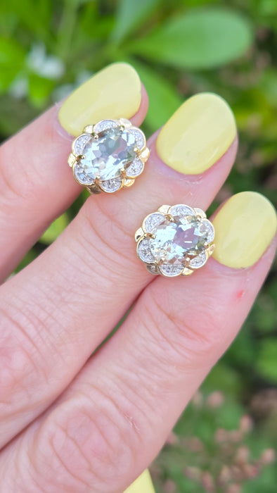 Vintage: 9ct Gold Prasiolite (Green Amethyst) & Diamond Stud Earrings