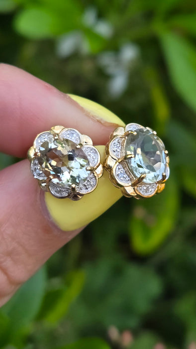 Vintage: 9ct Gold Prasiolite (Green Amethyst) & Diamond Stud Earrings