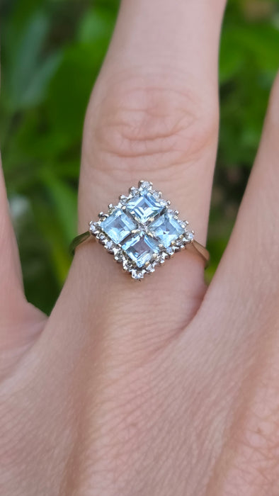Vintage: 9ct Yellow Gold Blue Topaz & Diamond Cluster Ring — From 1975