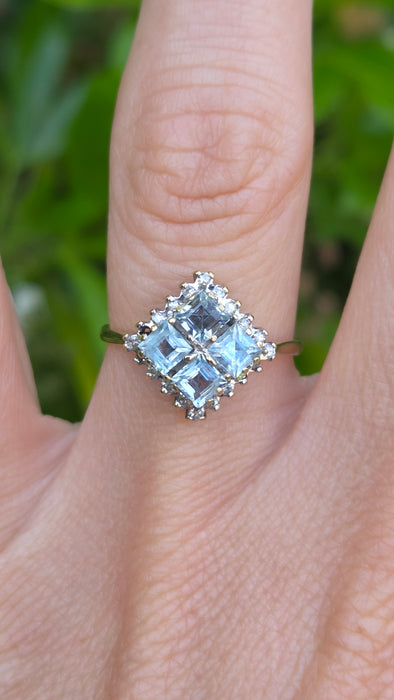Vintage: 9ct Yellow Gold Blue Topaz & Diamond Cluster Ring — From 1975