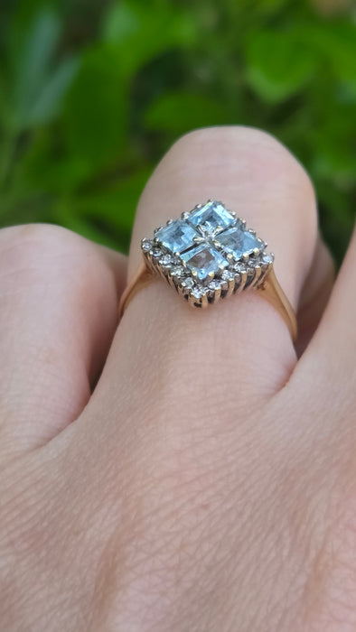 Vintage: 9ct Yellow Gold Blue Topaz & Diamond Cluster Ring — From 1975